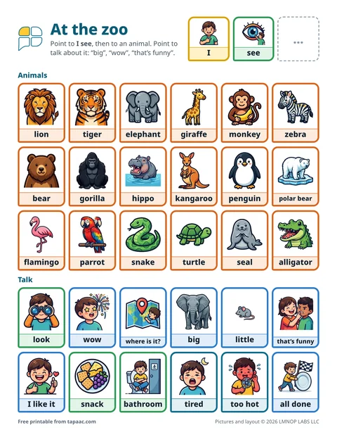 Zoo communication board with I see, 18 zoo animals and words for talking about them