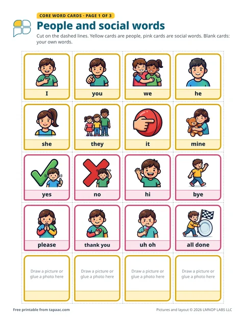 Core word picture cards: I, you, we, he, she, they, it, mine, yes, no, hi, bye and more