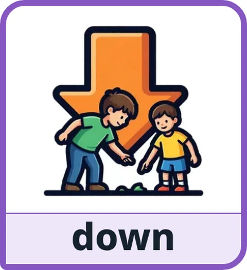 Picture card for the core word down: two children bending down in front of a big orange arrow pointing down