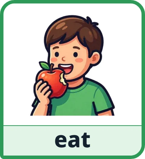 Picture card for the core word eat: a child taking a bite of a red apple
