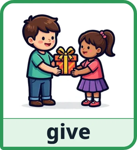 Picture card for the core word give: a boy handing a wrapped present to a girl