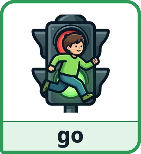 Picture card for the core word go: a child running out of the green light of a traffic light