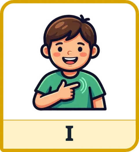 Picture card for the core word I: a smiling child pointing to themself