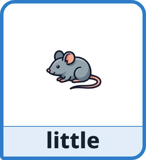 Picture card for the core word little: a small gray mouse in the middle of the card