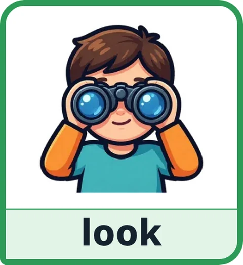 Picture card for the core word look: a child looking through binoculars