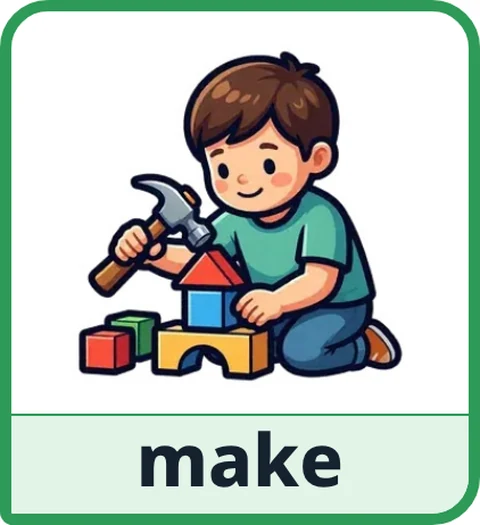 Picture card for the core word make: a child building a little house from blocks with a toy hammer