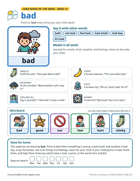 Core word of the week 31 printable for the word bad