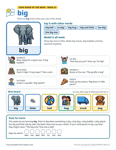 Core word of the week 21 printable for the word big
