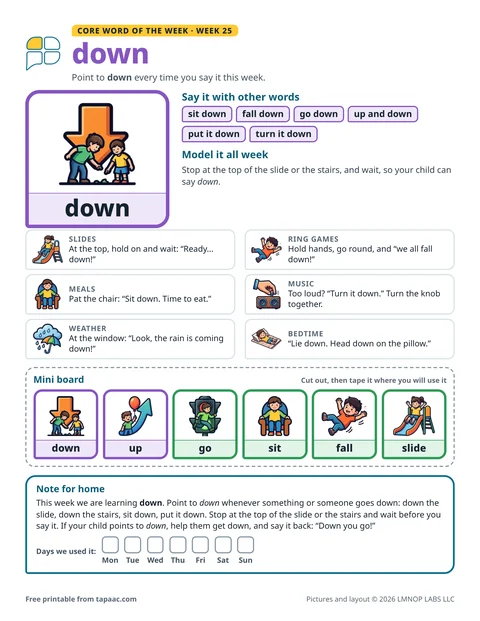 Core word of the week 25 printable for the word down