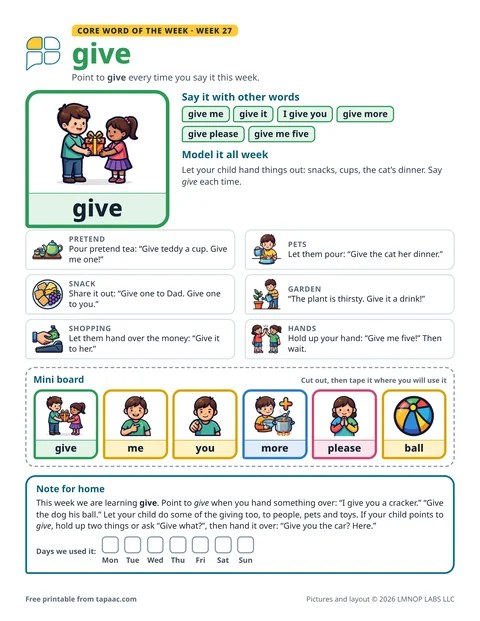 Core word of the week 27 printable for the word give