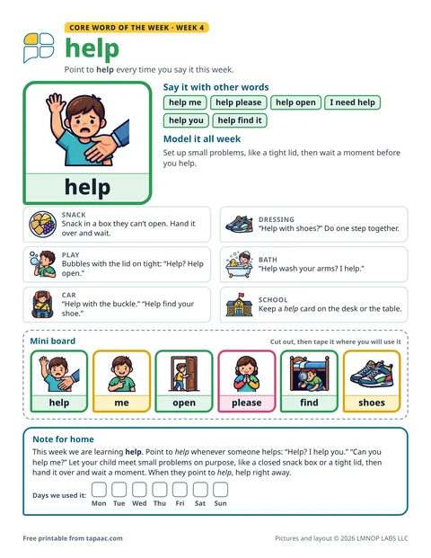 Core word of the week 4 printable for the word help