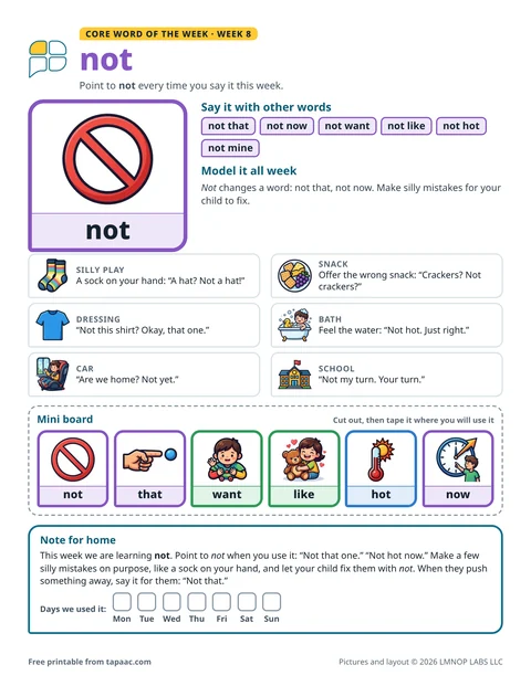 Core word of the week 8 printable for the word not