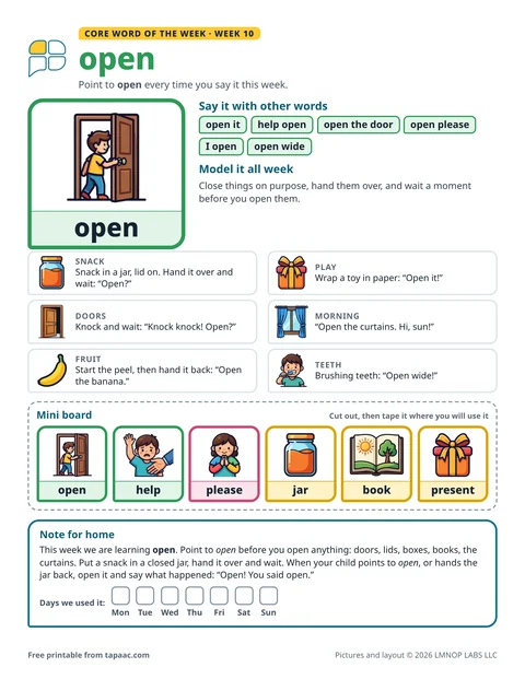 Core word of the week 10 printable for the word open