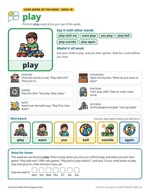 Core word of the week 18 printable for the word play