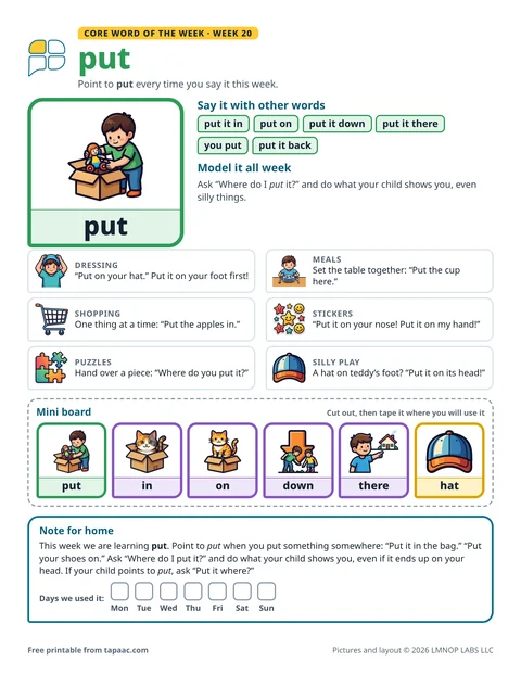 Core word of the week 20 printable for the word put