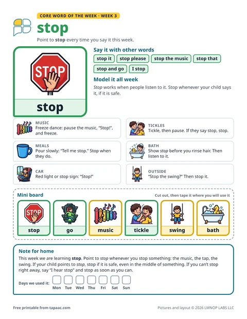 Core word of the week 3 printable for the word stop