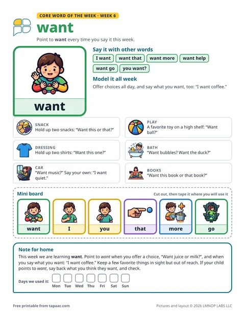 Core word of the week 6 printable for the word want