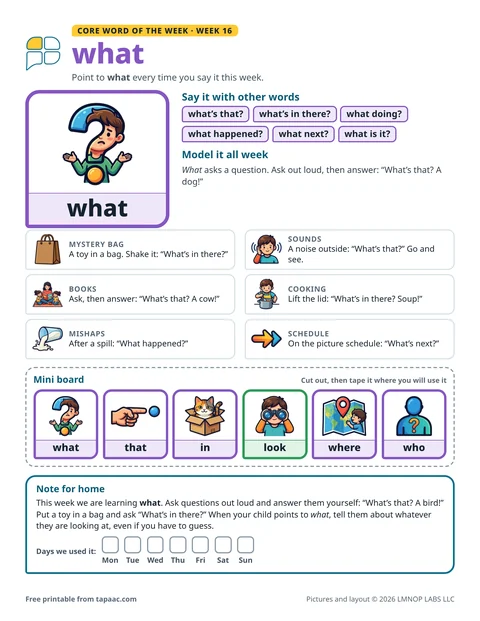 Core word of the week 16 printable for the word what