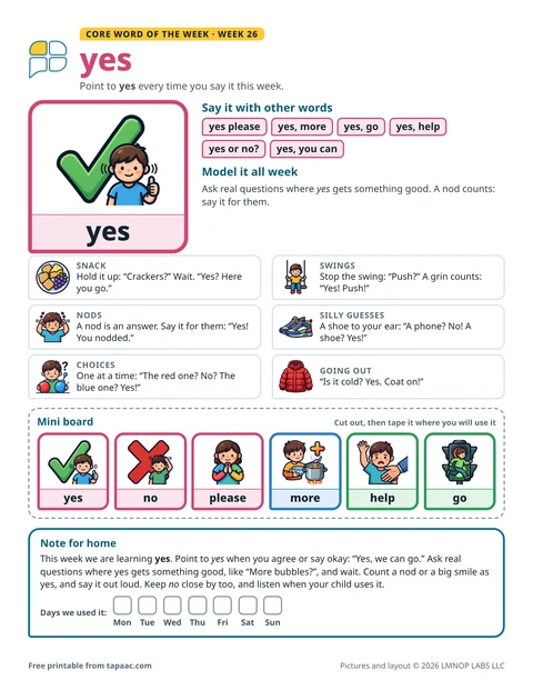 Core word of the week 26 printable for the word yes