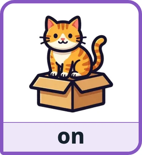 Picture card for the core word on: an orange cat sitting on top of a cardboard box