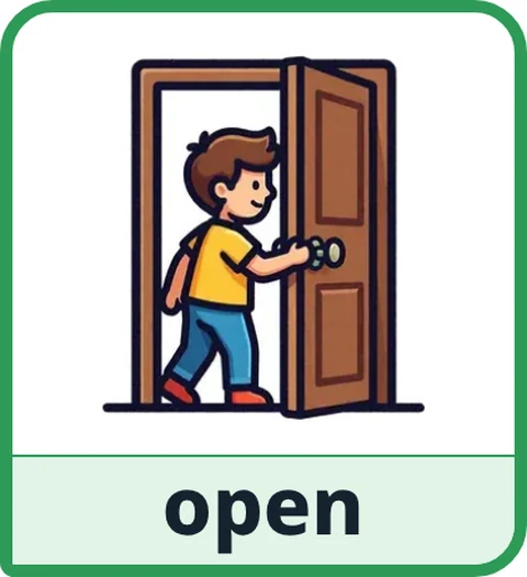 Picture card for the core word open: a child pulling a wooden door open