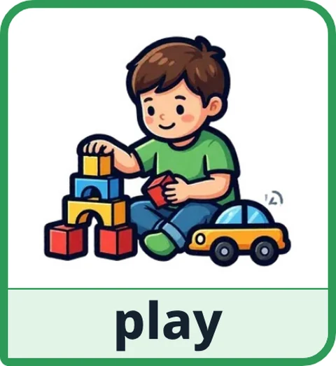 Picture card for the core word play: a child on the floor playing with blocks and a toy car