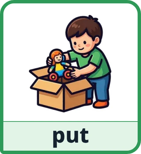 Picture card for the core word put: a child putting toys into a cardboard box