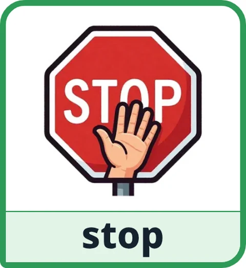 Picture card for the core word stop: a red stop sign with a raised hand