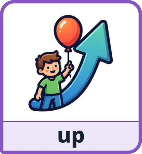 Picture card for the core word up: a child holding a red balloon beside a big arrow curving upward