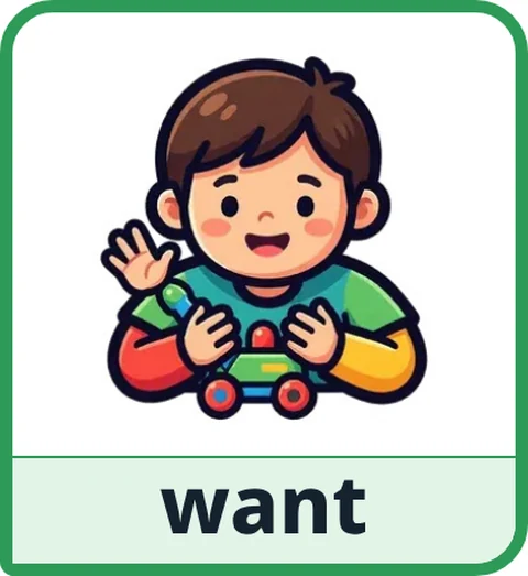Picture card for the core word want: a smiling child holding a toy car close