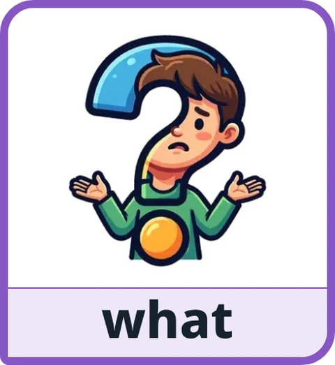 Picture card for the core word what: a puzzled child shrugging beside a big question mark