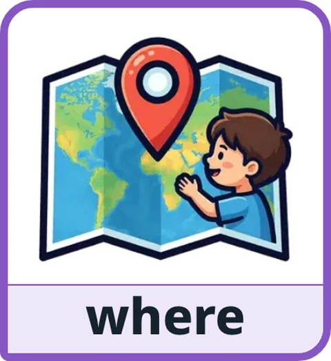 Picture card for the core word where: a child looking at a map with a big red location pin