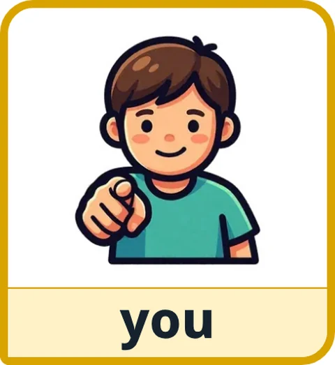 Picture card for the core word you: a child pointing straight out of the picture