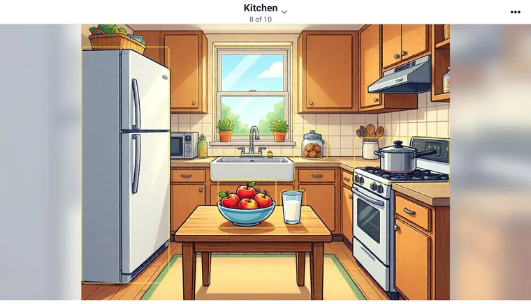 A Tap AAC scene of a kitchen with a fridge, a sink, a bowl of apples, a glass of milk and a stove. Each is a talking spot.