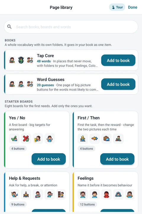 The Tap AAC Page library: a search box, then Books with Tap Core, 48 words, and Word Guesses, 20 guesses, each with an Add to book button, and Starter boards such as Yes / No, First / Then, Help & Requests and Feelings.