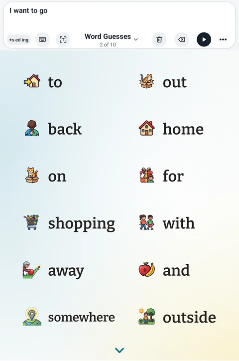 The Word Guesses screen on a tablet: the sentence bar at the top says I want to go, with the word endings chip, Keyboard, Show, the Word Guesses book name, Clear, Backspace, play and More, above big next-word guesses with small pictures, such as to, out, back, home, on and for.